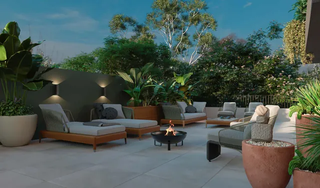 Terraço do garden, lounge com lareira externa, Três Figueiras, Porto Alegre
