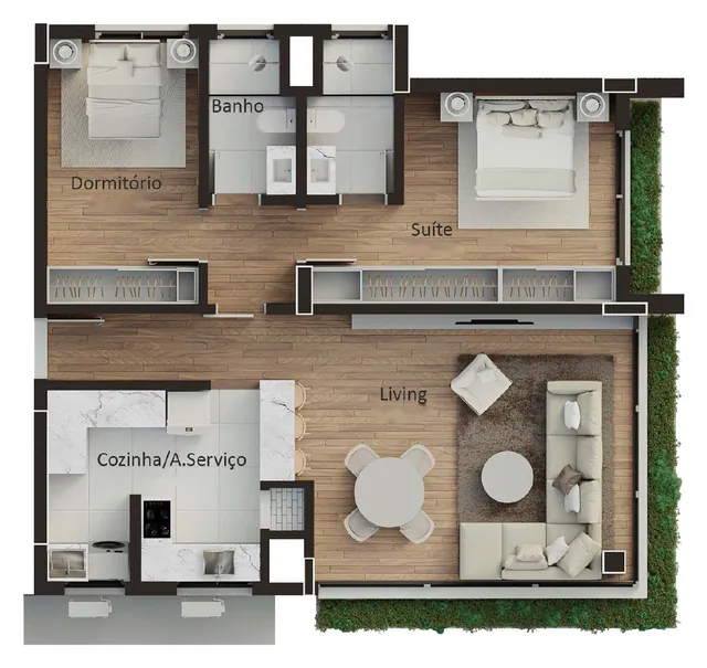 Planta: Apartamento de 2 dormitórios, sendo 1 suíte, 96,72 m²
