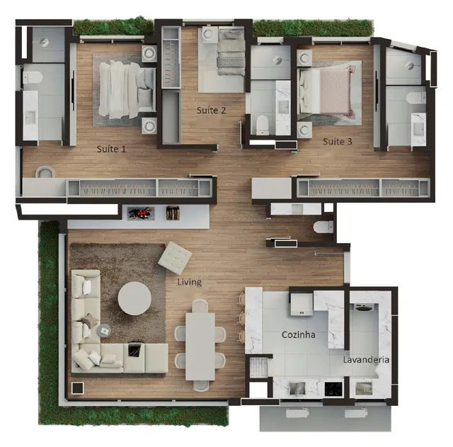 Planta do apartamento de 3 suítes, 143,18 m²
